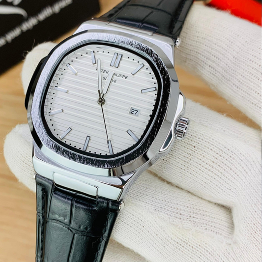 Patek Strap Watch – Black With White Dial