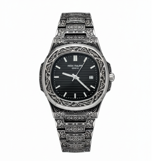 Patek Philippe Texture Watch – Silver With Black Dial