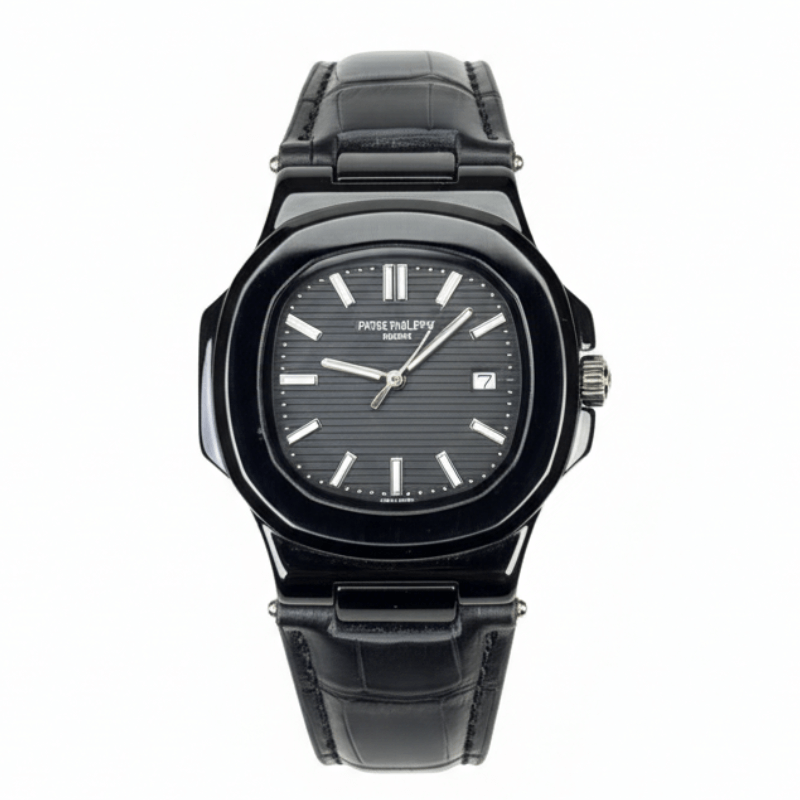 Patek Strap Watch – Black with Black Dial