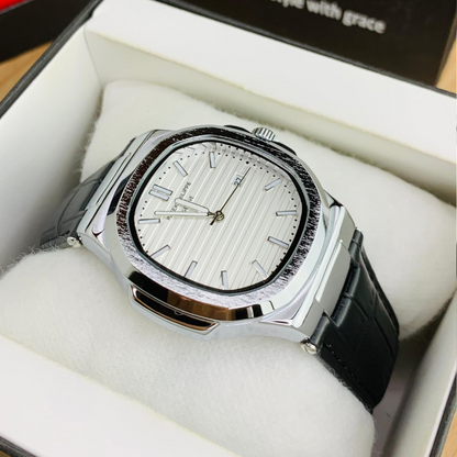 Patek Strap Watch – Black With White Dial