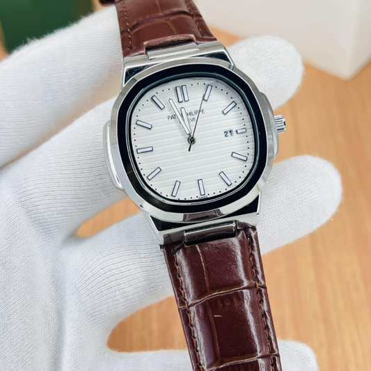 Patek Strap Watch – Brown with white Dial