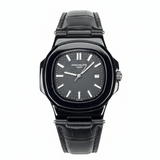 Patek Strap Watch – Black with Black Dial